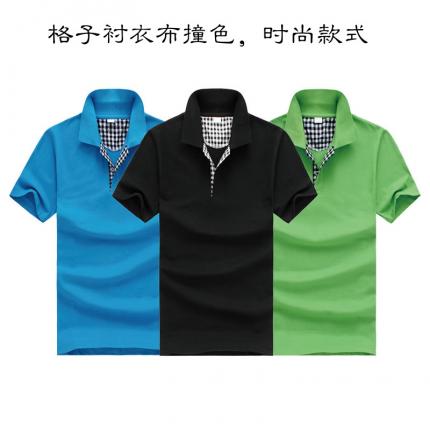 格子布撞色時尚T恤衫款式定制，男女款式